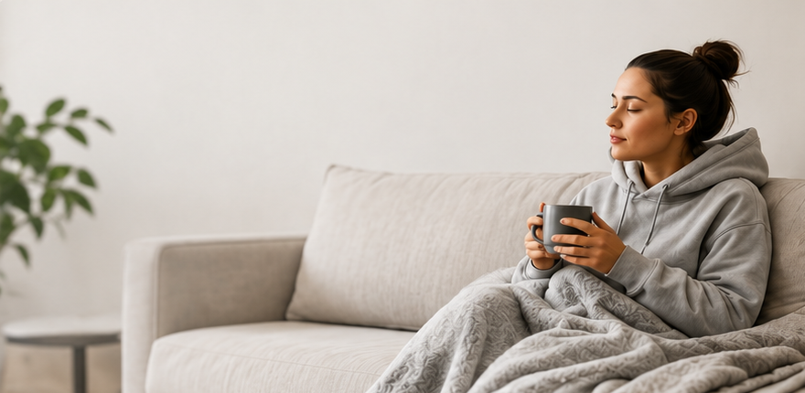 Traditional grey loungewear worn seated indoors