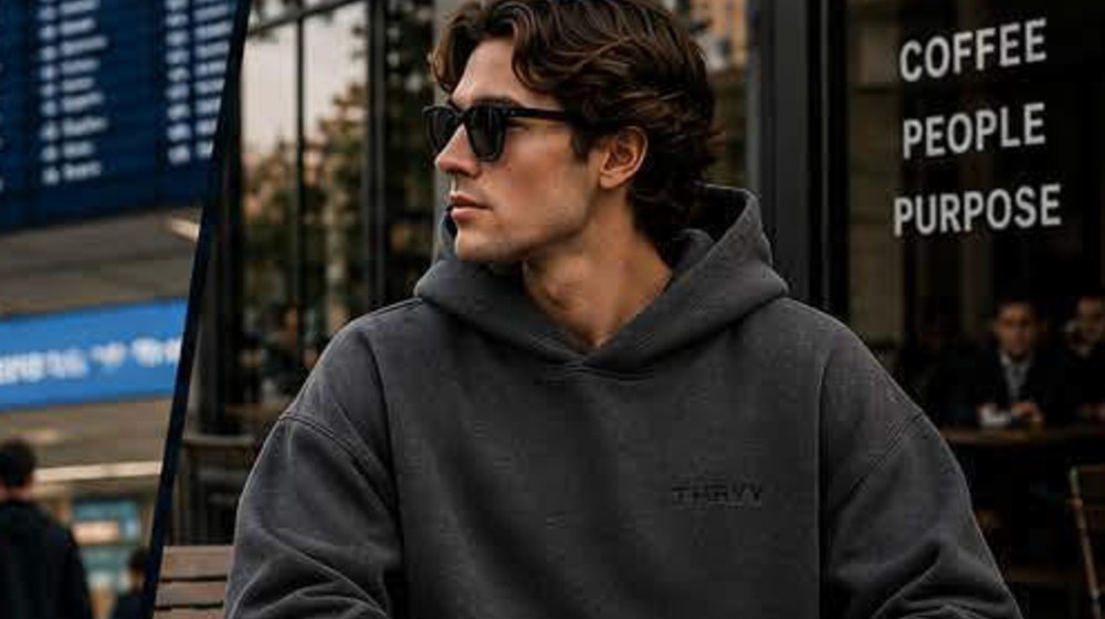 Close view of Thryv brushed 350 GSM fleece in Charcoal