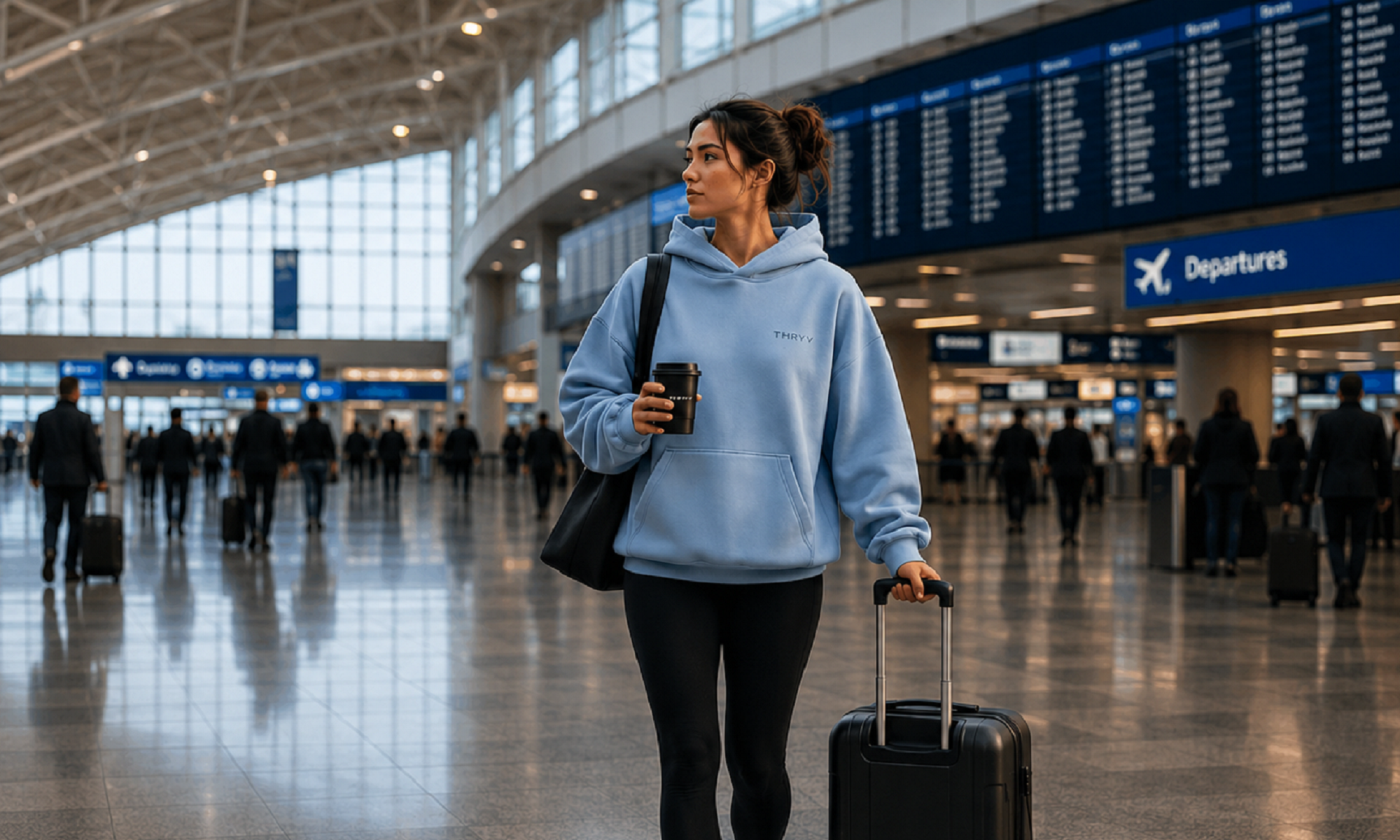 Woman walking through an airport terminal in a Carolina Blue Thryv heavyweight sweatshirt