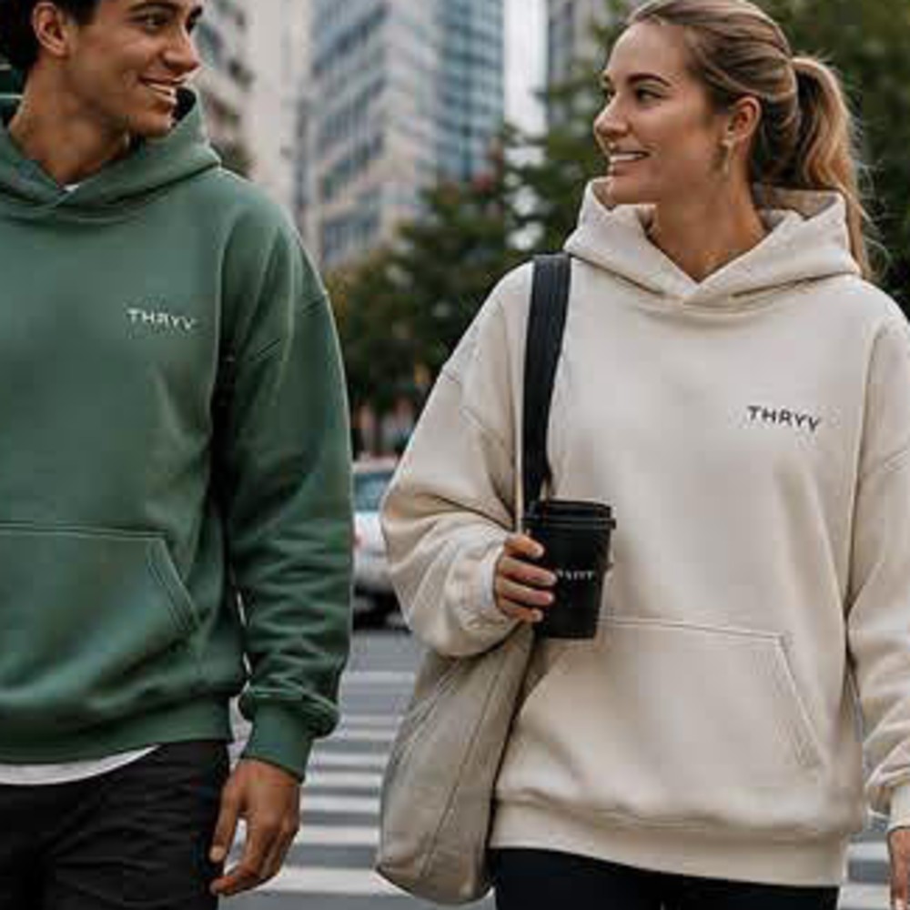 Sweatshirt worn on a city crosswalk