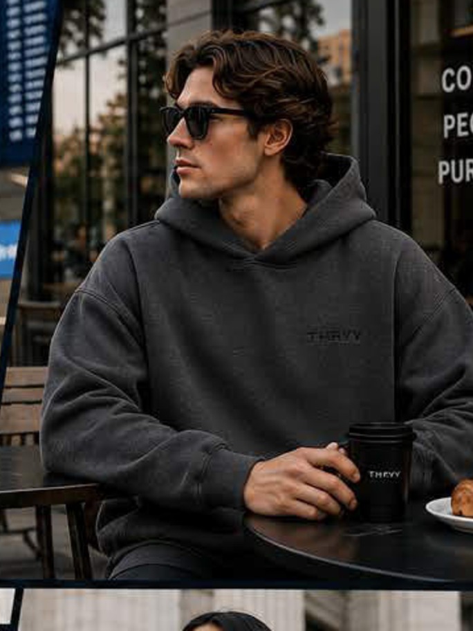 Customer photo wearing Thryv in Charcoal at a cafe